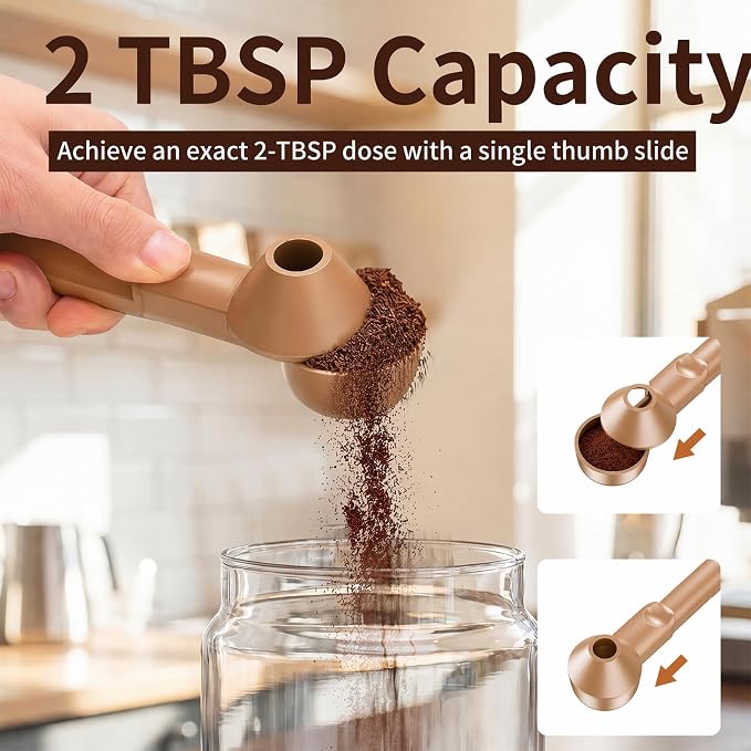 Coffee Scoop with Funnel for Reusable K Cup, 2 TBSP Measuring Spoon | Mess-Free Funnel Design, Sliding Leveler for Precise 2 TBSP, Long Handle for Coffee, Protein Powder & Tea (1-Pack)