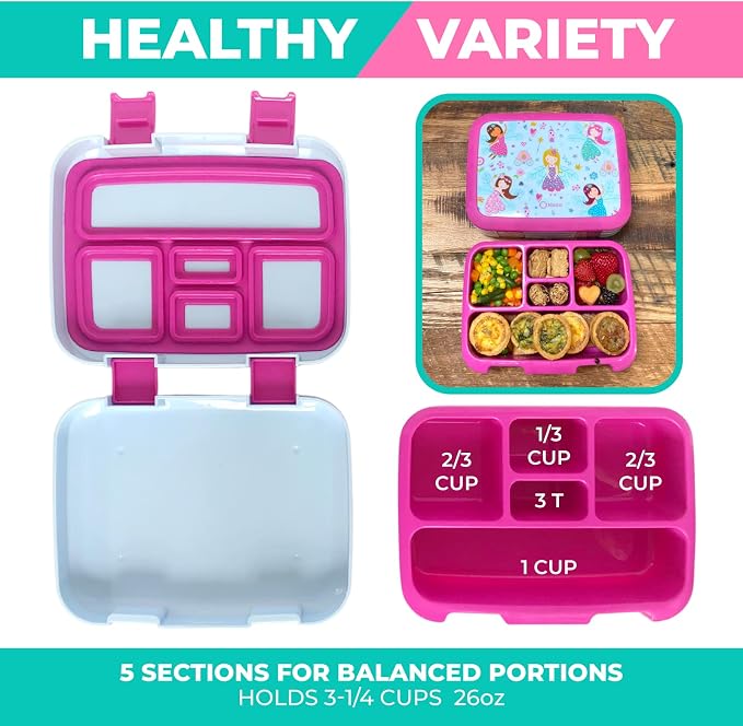 kinsho Bento Lunch Box Container for Small Kids Girls, Pink Fairy Princess | 5 Portion Sections, BPA-Free Spill-Proof Leakproof Removable Plastic Tray, Snacks and Lunches for Toddlers Pre-School Daycare