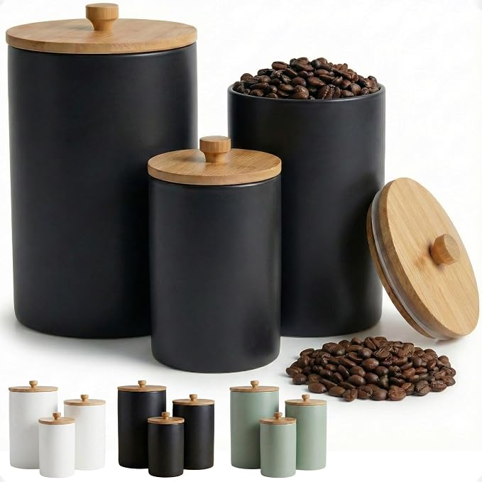 Ceramic Kitchen Canisters for Countertop Set of 3 w/ Airtight Bamboo Lids | Thick Sturdy Ceramic, Matte Finish, Airtight Easy Open Bamboo Lids, Comfortable Bamboo Handles, Jar Volumes: 2, 1, 0.5 quarts