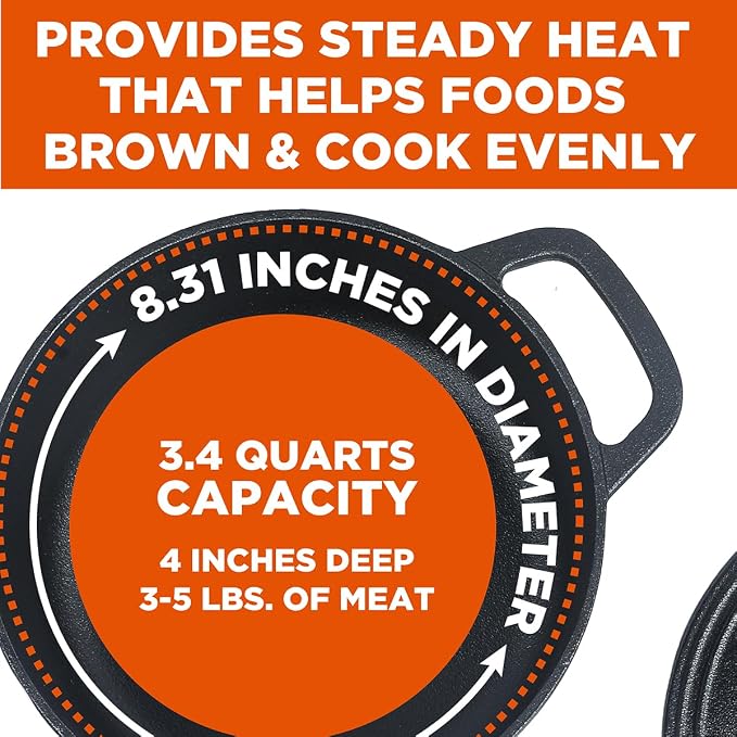 Commercial Chef 3.4-Qt. Dutch Oven with Lid, Cast Iron, CHCI340 | Pre-seasoned, Integrated Handles, Works on All Cooktops Including Induction, Outdoor Cookware for Campfires or Grills