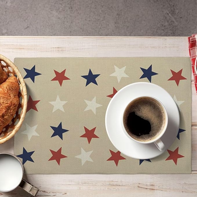 4th of July Placemats Set of 4, Independence Day Blue Red White Stars Patriotic Decorative Table Mat 12 x 18 Inch Heat Resistant Non Slip Line Fabric Place mat for Holiday Party Kitchen Dining