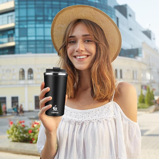 Insulated Travel Coffee Mug Reusable Coffee Tumbler Cup with Flip Lid Leak Proof Spill Proof for Office School Party Camping Hot and Cold Drink,Stainless Steel 17oz (Black)