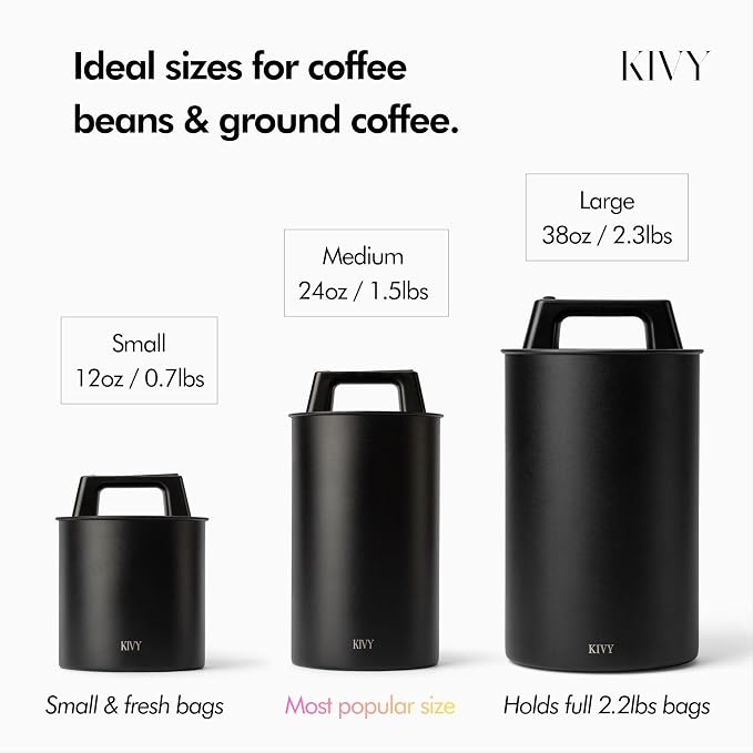 KIVY Vacuum Coffee Canister (Glass) - Push Lid Preserves Coffee Aroma & Oil - Stainless Steel Airtight Coffee Canister - Coffee Container for Ground Coffee & Coffee Bean Storage - Removes Excess Air