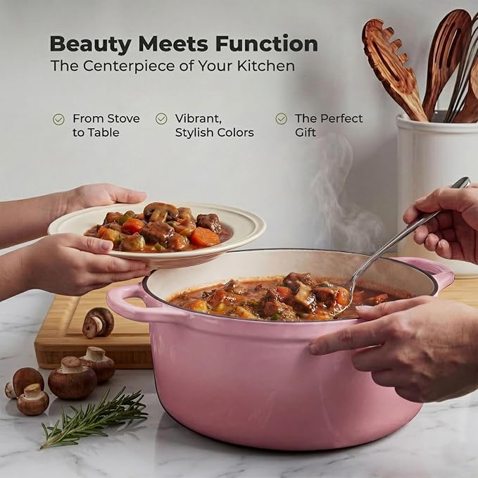 Zulay Kitchen 7.7 Quart Enameled Cast Iron Dutch Oven Pot with Lid – Premium Durability & Oven Safe up to 500°F – Heavy Duty Cookware Perfect for Bread Baking, Stews, Braising & Roasting – Pink