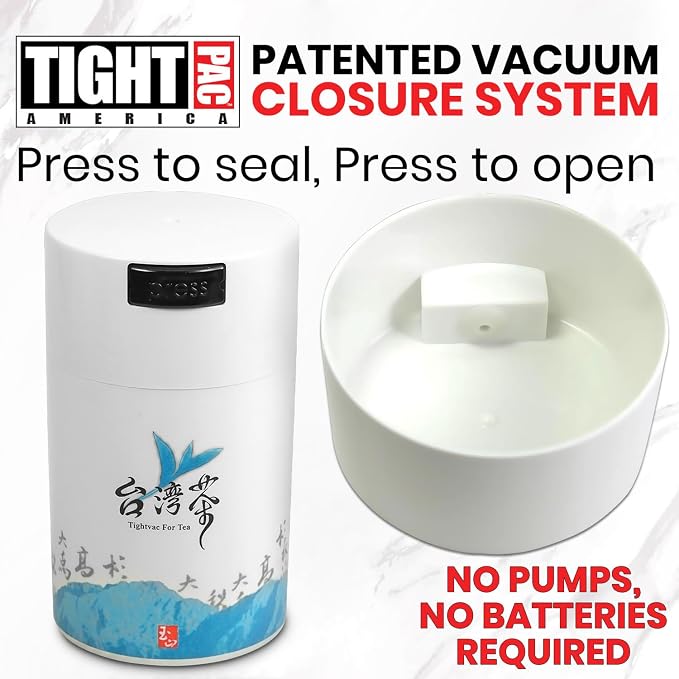 Teavac 6-Ounce Vacuum Sealed Tea Storage Container, White Cap and Body/Blue Tea Sign