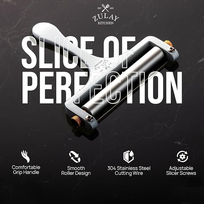 Zulay Kitchen Stainless Steel Wire Cheese Slicer - Adjustable Hand Held Cheese Cutter with 2 Extra Wires - Premium Cheese Shaver For Mozzarella, Cheddar, Gruyere - Cheese Cutter with Wire (White)