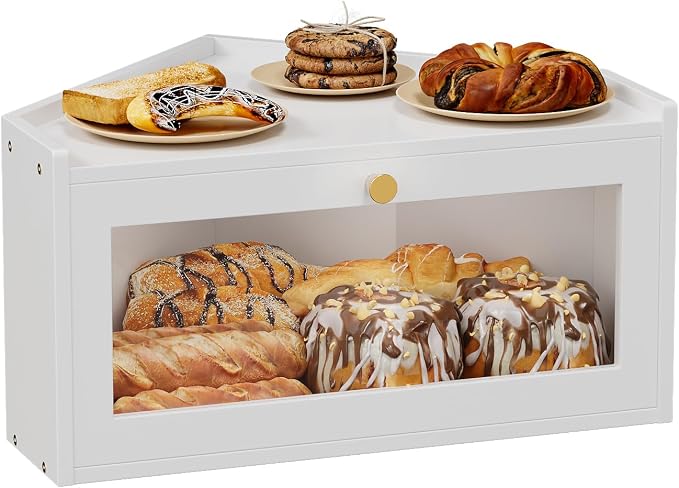 Trironsun Corner Bamboo Bread Box for Kitchen Counter Large Rustic Bread Storage Container with Acrylic Door Space-Saving Vintage Bread Keeper for Homemade Bread (White)