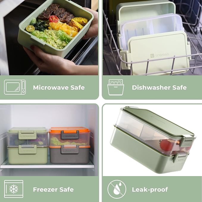 Stackable 2-Tier Adult Bento Box, 4 Compartments - Pale Mint | leakproof bento lunch box with fork & spoon + sauce cups, microwave/dishwasher safe, perfect for office, school & daily meals