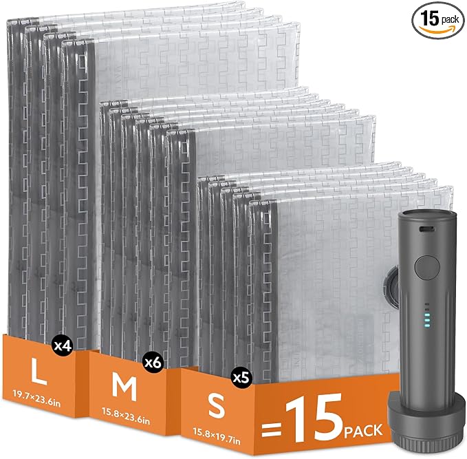 Travel Vacuum Bags with Wireless Recharging Pump | 15 Pack Vacuum Seal Bags with 3 Sizes for Clothing Travel, Space Saver for Luggage, Business Trip, Home Storage