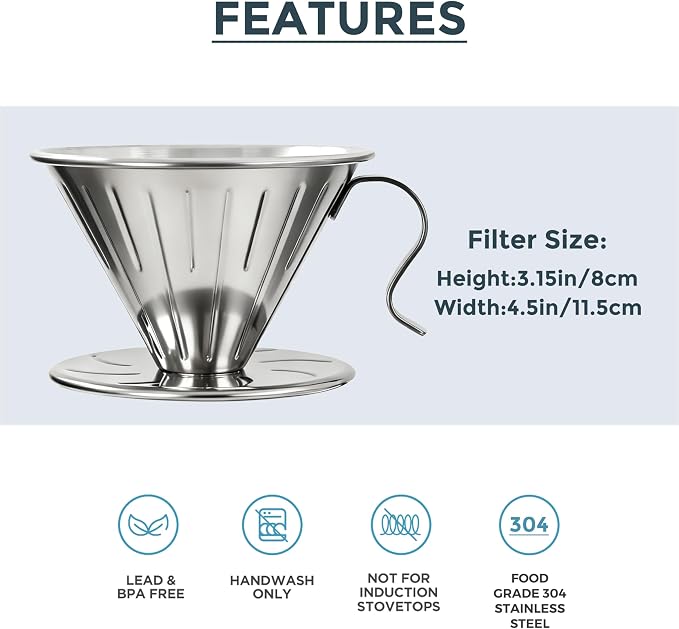 AGOGO Stainless Steel V60 Coffee Dripper & 50 Paper Filters, Sliver | Unbreakable carafe for kitchen RV camp and office, includes barista towel, lead-free food grade 304 stainless steel