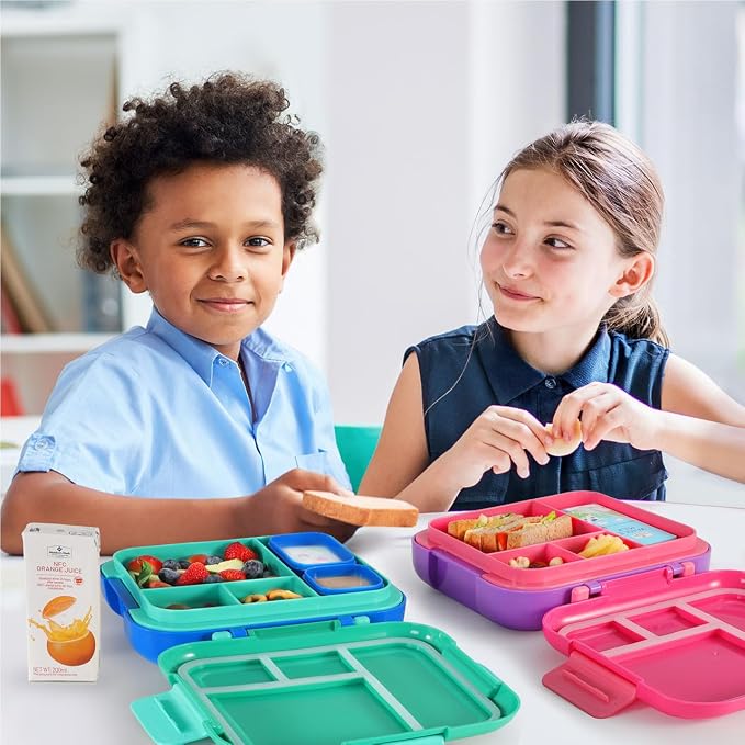 Caperci Bento Box for Kids Age 4-8 - 4.8 Cups Lunch Box with 2 Modular Containers - 4 Compartments Lunch Container, Leak-Proof, Portable Handle, Microwave/Dishwasher Safe (Jungle Green/Blue)