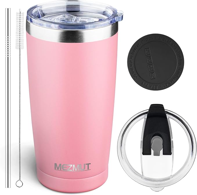 MEZMUT 20oz Insulated Tumbler Cup Travel Coffee Mug with Lid Straw(Pink,1) | 18/8 Stainless Steel Double Wall Vacuum Spill Proof Metal Insulated Tumbler with Daul Lid and Straw, Hot or Iced Coffee Cup