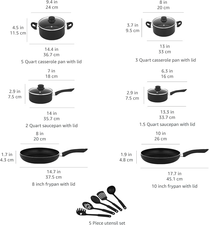 Amazon Basics Non-Stick Kitchen Cookware 15-Piece Set with Stay-Cool Handles, Even Heating, Non-Induction, Includes Pots, Pans, and Utensils, Black
