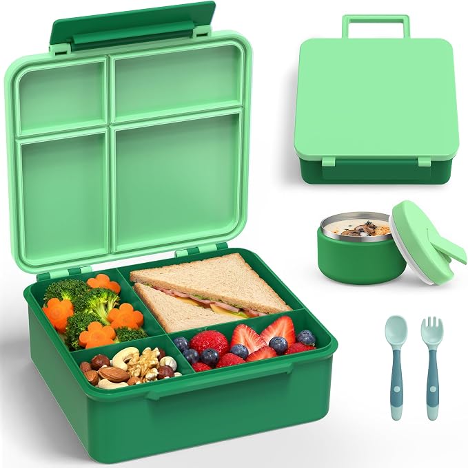 LOHASOK Bento Lunch Box for Kids with 8oz Soup Thermo, Green | 4-Compartment, Leak-Proof Lunch Containers with Insulated Food Jar and Silicone Foldable Spoon Fork