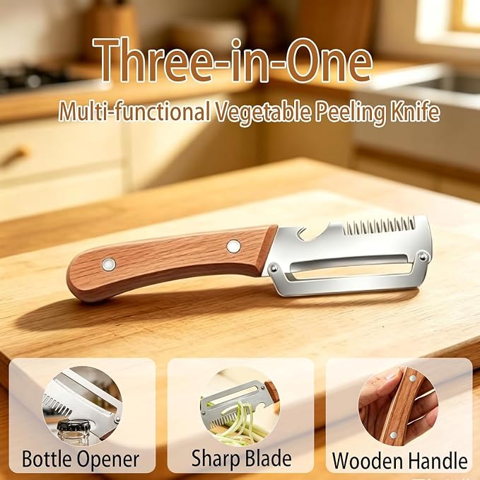 Multi-Functional Vegetable Peeler, 3-in-1 Stainless Steel Peeler | Ergonomic wooden non-slip handle, stainless steel blade, versatile uses, easy to clean