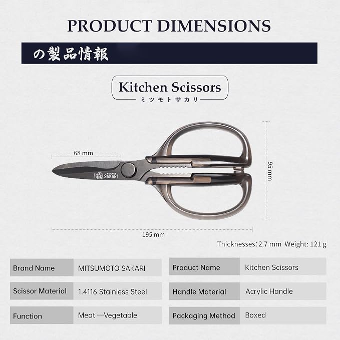 MITSUMOTO SAKARI Detachable Poultry Shears, Clear Acrylic Handle | Titanium-plated 1.4116 stainless steel blades, detachable design, clear acrylic handle for meat, fish, nuts and vegetables