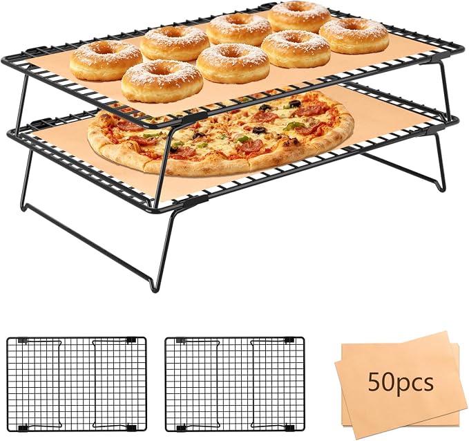2 Tier Cookie Cooling Rack 13.4"x9.3" with 50 Pcs Baking Paper | Wire Cooling Rack with Collapsible Legs, Heavy Duty Cooling Racks for Cookie, Cake, Pizza, Grilling, Drying