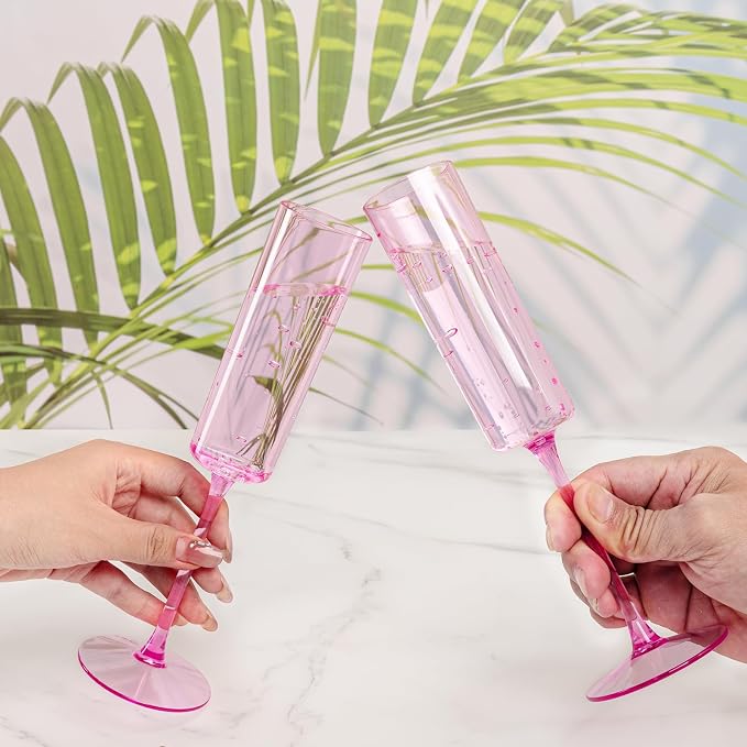 YOUBET 24Pack Pink Plastic Champagne Flutes 6 oz | Clear Pink Champagne Disposable Glasses - Square Plastic Toasting Glasses for Anniversary Party Birthday Wedding