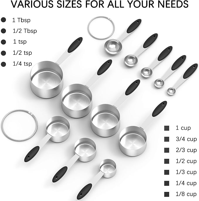 Stainless Steel Measuring Cups and Spoons Set with Silicone Handle – Nesting Design for Space-Saving, Heavy Duty & Dishwasher Safe for Dry/Liquid Ingredients, Cooking & Baking (12)