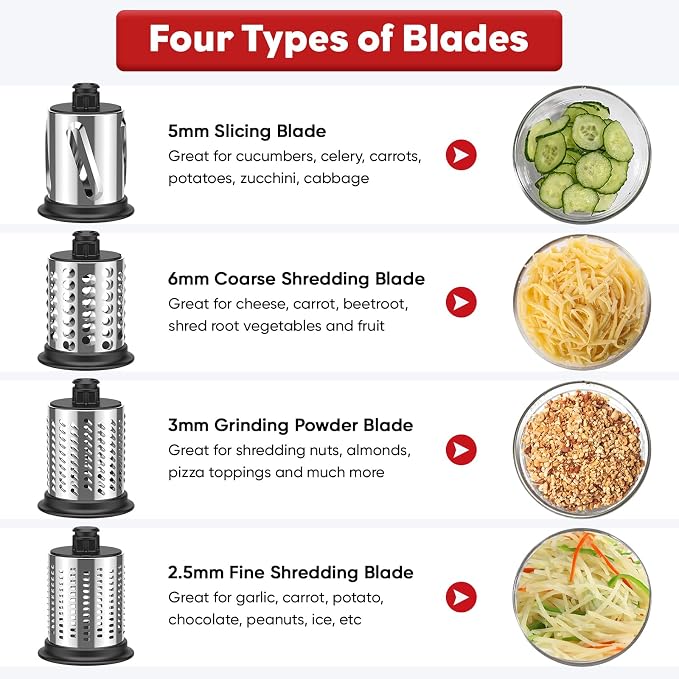Stainless Steel Slicer Shredder Attachment for KitchenAid Mixer | Cheese Grater Attachment for KitchenAid Stand Mixer, Salad Maker, Grinding Powder, Dishwasher Safe with 4 Blades