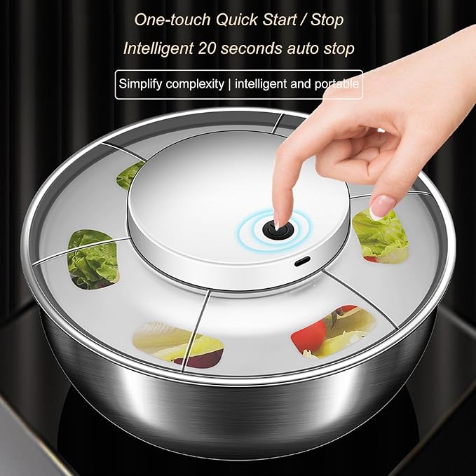 Electric Salad Spinner, 4.8L Large Capacity Lettuce Spinner Stainless Steel Salad Rotator Vegetable Dryer Fruit Washer Lettuce Cleaner Drainage Basket, USB Rechargeable Salad Dryer Food Dehydrator
