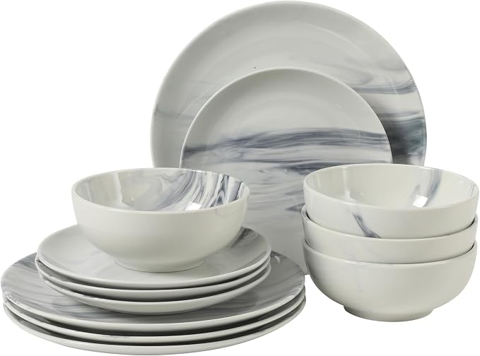 Gibson Home Cloudlight 12 Piece Plates and Bowls Dishes Blue and White - Decorated Porcelain Ceramic Dinnerware Set - Service for 4