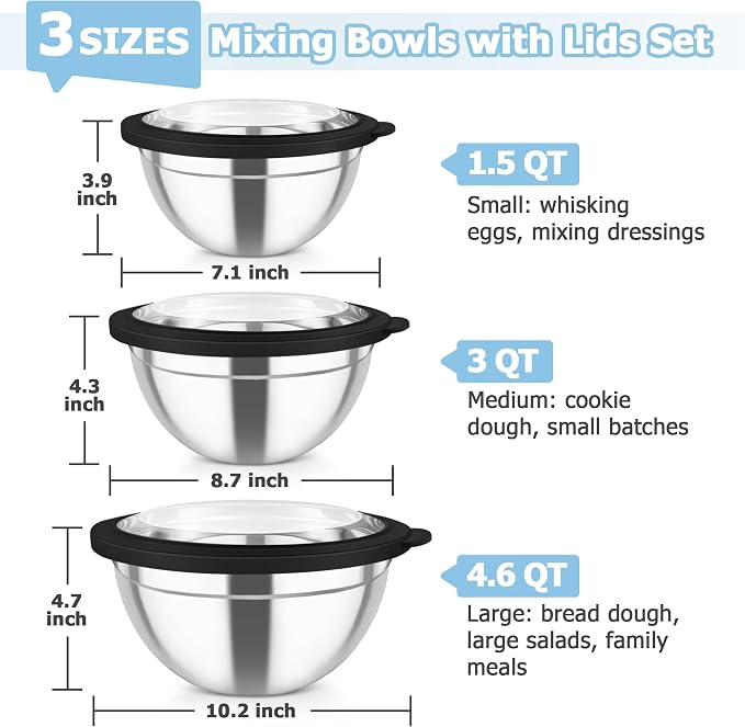 TeamFar Mixing Bowls, 4.5/3/1.5 QT Stainless Steel Nesting Salad Bowls | with Airtight Lids, For Serving/Mixing/Storing/Prepping, Non-Toxic & Sturdy, Visible & Easy Clean, Black, Set of 3