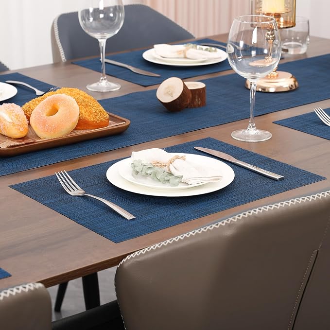 Myir JUN Placemats Set of 10 Kitchen and Dining Table Placemats | Vinyl Placemats Place Mats Indoor/Outdoor Set of 10 Washable Table Mats Non-Slip Place mats for Dining Table, Dark Blue