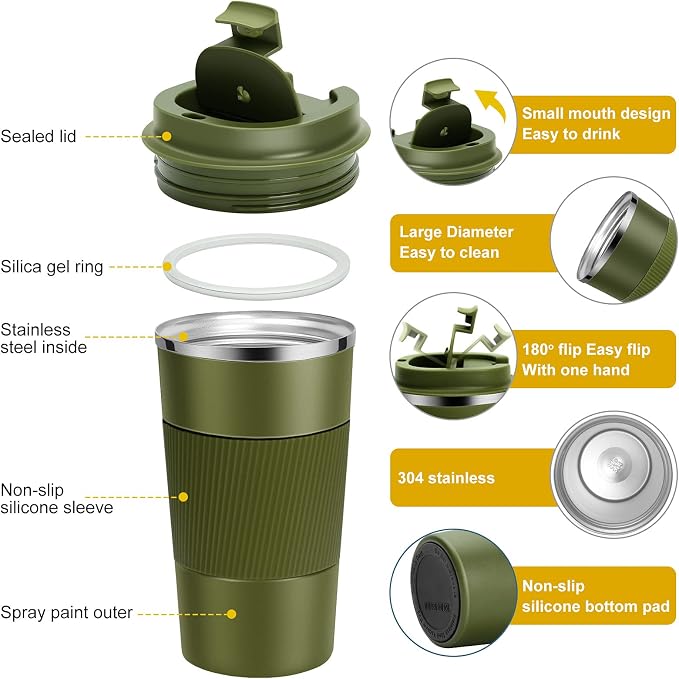 YINJAM 17oz Travel Coffee Mug Insulated Coffee Cups to Go with Leakproof Lid Vacuum Stainless Steel Double Walled Thermal Car Coffee Tumbler for Hot Cold Ice Tea Drinks Reusable (Green, 17oz)