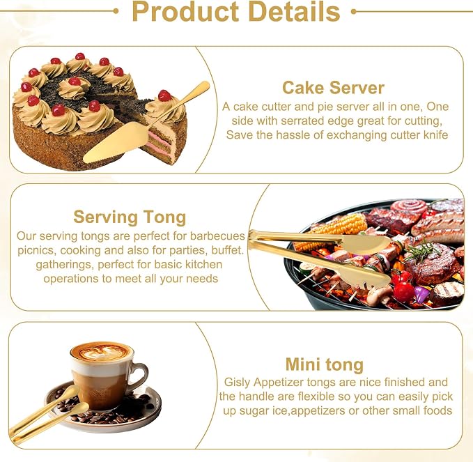 12Pcs Gold Serving Utensils Set, Stainless Steel Serving Utensils Set includes Serving Spoon, Serving Solted Spoons, Fork, Sugar Tongs, Food Tongs, Cake Spatula, Soup Spoon for Parties, Buffet