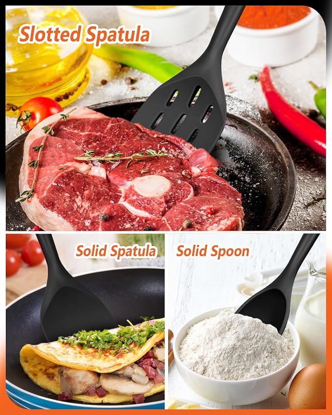 Pack of 3 Silicone Spatula, Non Stick Cooking Utensil Set, Black | Heat Resistant, Non Scratch, Wooden Handle Kitchen Turner for Baking Mixing Grilling Serving Food