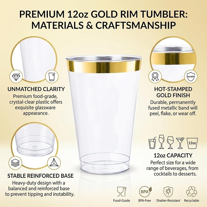 Byvivace 12oz Clear Plastic Cups with Gold Rimmed Sturdy & Food Safe Disposable Wine Glasses Wedding Cups Party Cups Plastic Cocktail Glasses for Wine, Juice, Cocktails and Cold Beverages [100 Pack]