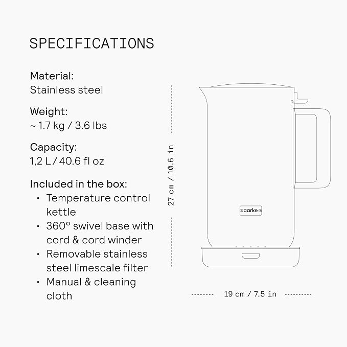 Aarke Kettle - Electric Stainless Steel Tea Kettle 1.2L (40oz), Matte Black | Temperature Control, Non-Drip Spout, Double-Wall Construction, Dry Boil Protection, Heat-Safe Handle, LED Cool-Down Indicator