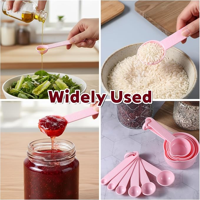 11Pcs Measuring Cups Pink Plastic Measuring Cup and Spoons, 5 Cups & 6 Spoons Set Kitchen Cup and Spoon Essentials Gadgets for Cooking & Baking Color Pink