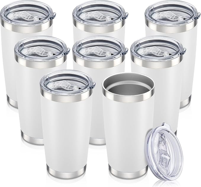 20 oz Tumbler with Lid Stainless Steel Insulated Tumblers Bulk Cups Mug | Double Wall Vacuum, Powder Coated, Keep Drinks Cold and Hot, Waterproof Lid, Fit of Car Cup Holders, White, 8 Pack