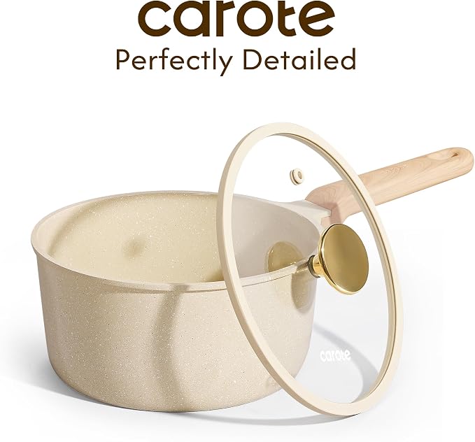 CAROTE Ceramic Nonstick 1.5Qt & 2.5Qt Sauce Pan Sets with Lid | Kitchen Non Toxic Cookware Set with Stay-cool Handle, All Stovetops Compatible, PFOA Free, Easy to Clean