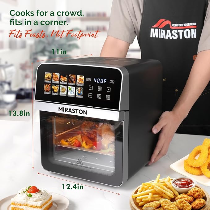 10QT Air Fryer Toaster Oven, Family Size Double-Cooking Combo | EASY CLEAN: Stainless Steel Interior oven; dual-layer rack allows simultaneous cooking for healthy family meals.