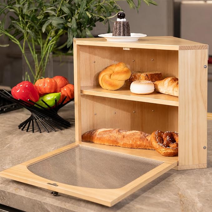 Corner Bread Box for Kitchen Countertop, Solid Wood, Natural | 2-Tier Large Capacity, Wooden Bread Box, Vintage Farmhouse Breadbox, Pine Wood, Bread Storage Container, Adjustable Shelf