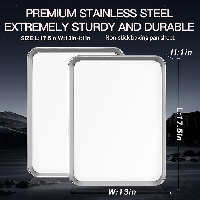 Baking Sheet Set of 2PCS, 18 inch Commercial Grade Stainless Steel Baking Pan, Professional Bakeware Oven Tray, Healthy & Non-toxic, Rust Free & Mirror Finish, Easy Clean & Dishwasher Safe