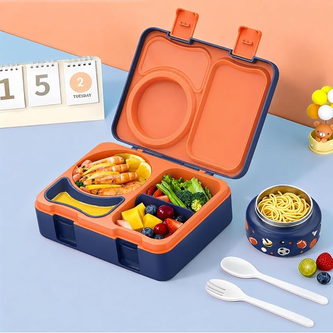 Kids Insulated Lunch Box with 8OZ Thermo Food Jar | Leakproof Bento Box with Ice Pack Sauce Cup Utensils Removable Tray & Dividers for School Daycare Travel, Sports