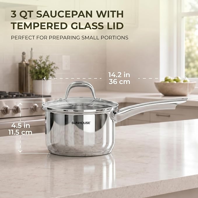 SUNHOUSE 3 QT Stainless Steel Sauce Pan with Lid, Small Pot for Cooking | PFOA-Free Uncoated Milk Pan & Butter Warmer, Mini Saucepan with Impact Bonding Base for Induction, Gas, Electric