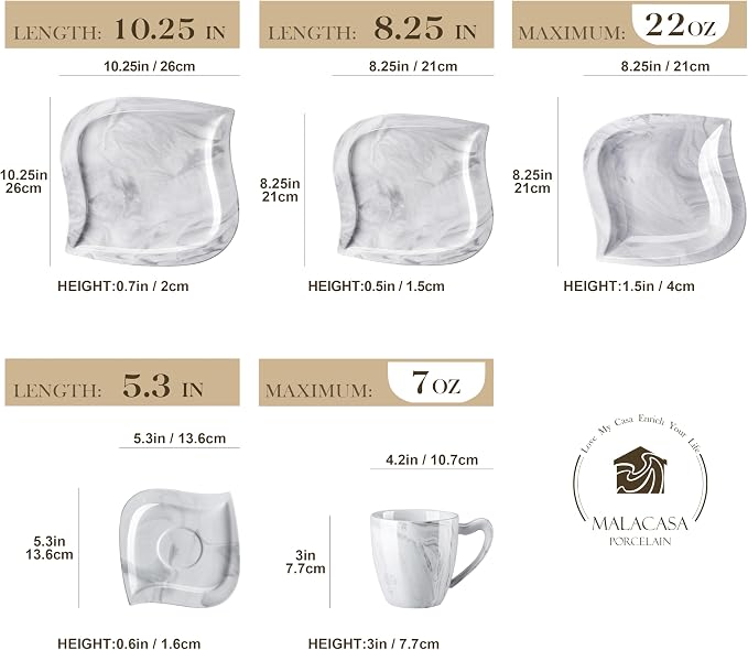 MALACASA 30 Piece Porcelain Dinnerware Set, Marble Grey for 6 | Complete with Plates, Bowls, Cups, Saucers, Microwave Oven and Dishwasher Safe Porcelain, Modern Square Design, Service for 6