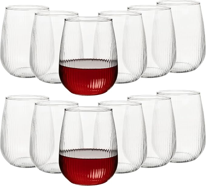 UMEIED 12 Pack Textured Glass Cups, 16oz, 490ml | Elegant Vertical Ribs, Flat Base, Ideal for Serving Drinks at Parties and Gatherings
