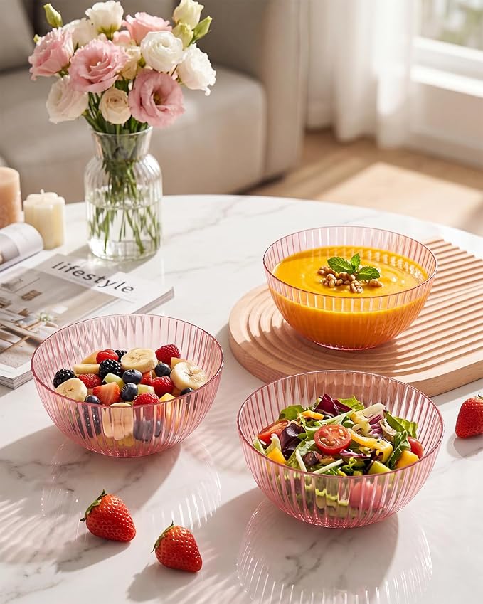 bUCLA 12 PCS Plastic Cereal Bowls Set - 28 Oz Clear Pink Disposable Vertical Stripes Serving Bowls for Snack, Salad, Dessert & Fruit