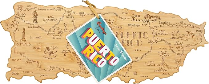 Totally Bamboo Destination Puerto Rico Cutting Board with Engraved Map Art | Puerto Rico shaped charcuterie board with engraved map art. Smooth back for food prep. Hang tie for wall display.