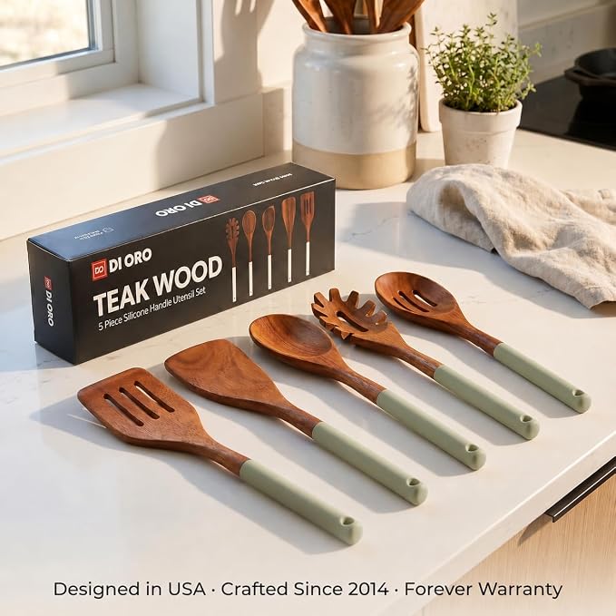 DI ORO Wooden Kitchen Utensil Set - 5 Pc Spoon & Spatula, Sage | Won't scratch nonstick pots and pans; Natural hardwood, easy to hand wash; For cooking, serving, stirring, and turning