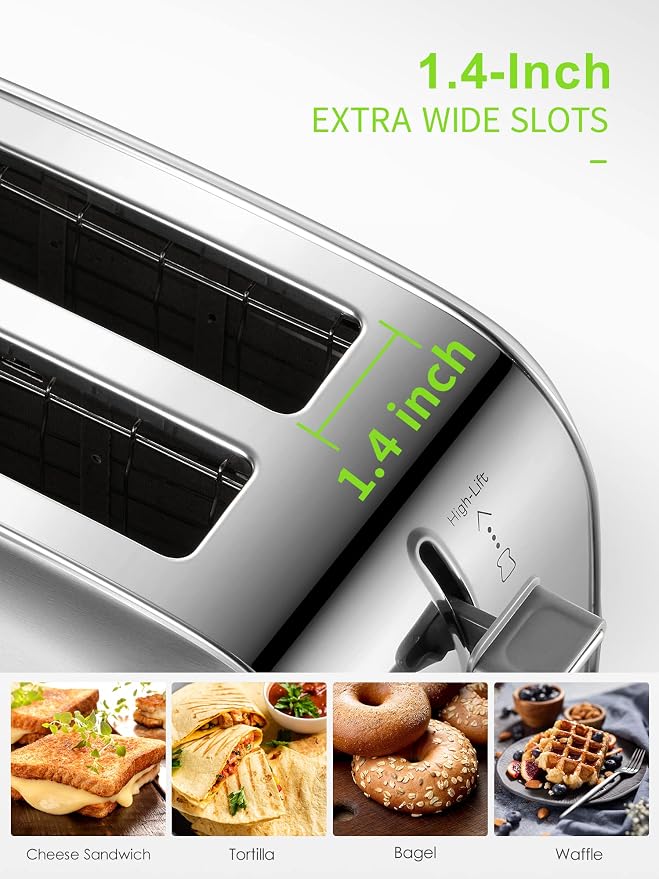 Yabano Retro Bagel Toaster 2 Slice with Extra Wide Slots | 7 Shade Settings, Defrost, Bagel And Cancel Functions, Removable Crumb Tray, Stainless Steel, Silver Finish