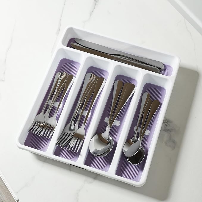 5-Compartment Silverware Organizer Tray with Icons for Kitchen Drawer | Non-slip TPR Linings，5-Compartment，High-quality Plastic，Fits Well In Standard Drawers，With Cutlery Icons