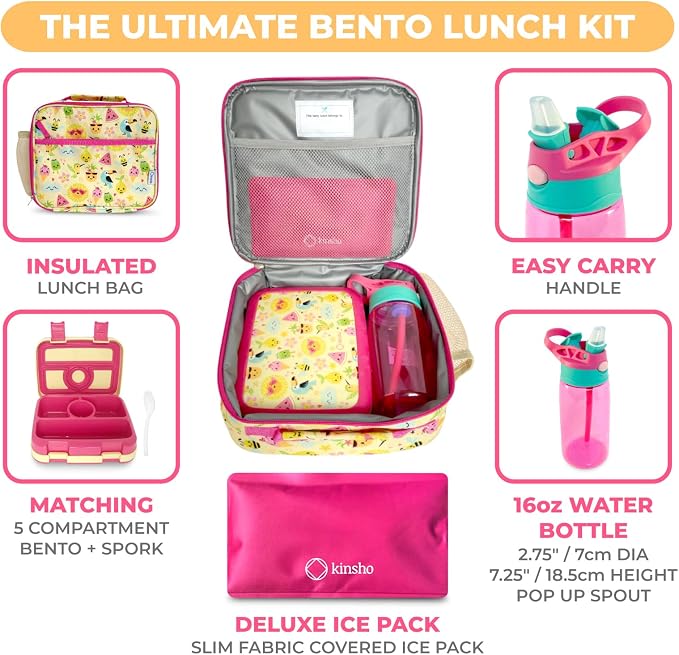 kinsho Kids Bento Lunch Box, Water Bottle, Ice Pack & Bag Set, Summer Set | 5 Leakproof Portion Compartments, BPA-Free Removable Tray, Insulated Meal, Snack Container for Toddlers, Pre-School & Daycare