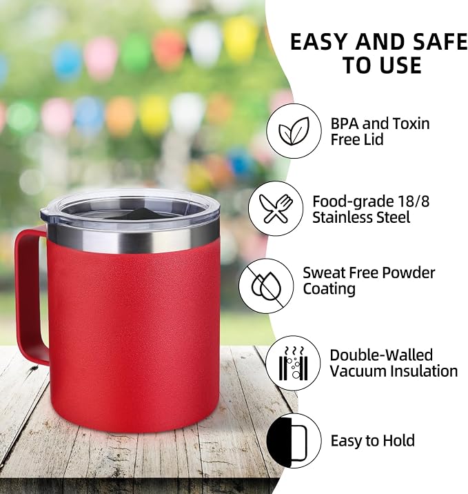 Volhoply 14oz Insulated Stainless Steel Coffee Mug with Leakproof Lid,Double Wall Vacuum Travel Coffee Cup with Handle,Reusable Metal Cups Tumbler,Camping Mugs Keep Hot&Cold,Ideal Gifts(Red,1)